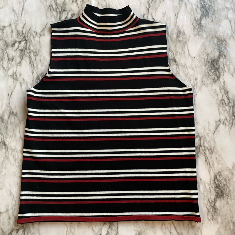 Nine West Ribbed Mock Neck Striped Raw Hem Sleeveless Top Women’s Size XL
